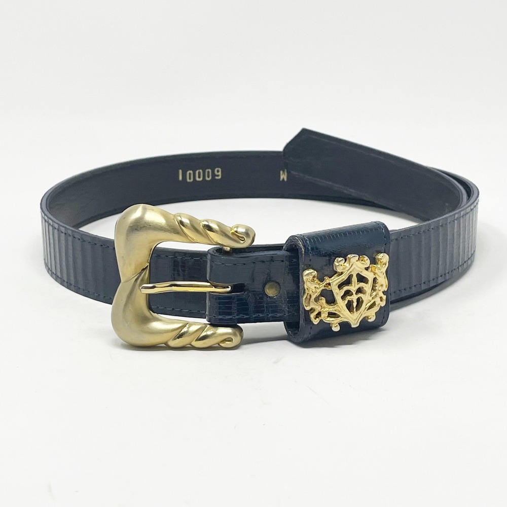 Vintage Navy Blue Embossed Leather Belt Women's M Gold Crest Buckle 60001